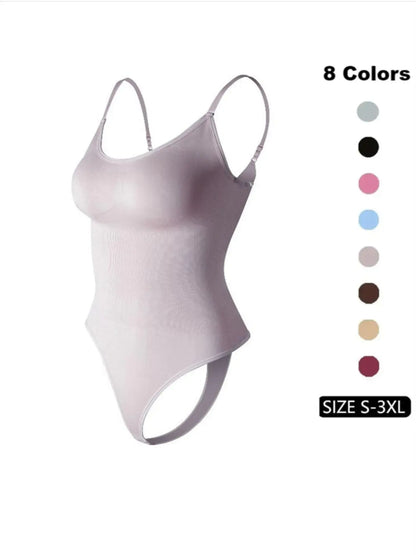 Women'S Solid Spaghetti Strap Adjustable Strap Backless Shapewear Bodysuit, Casual Comfy Seamless Tummy Control Butt Lifting Bodysuit for Daily Wear, Ladies Shapewear for All Seasons