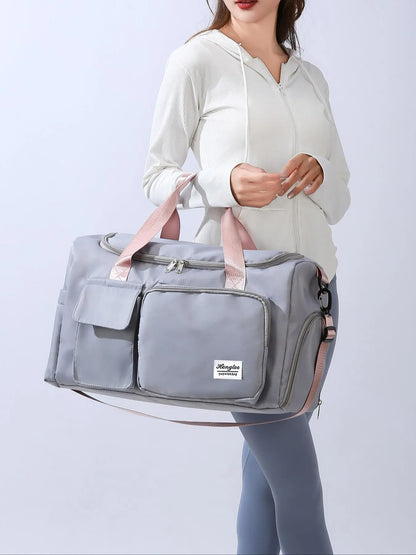 Women'S Fashion Large Capacity Travel Bag, Solid Color Letter Patch Zipper Pocket Travel Bag, Casual Lightweight Travel Bag for Gym & Short Business Trips, Durable Travel Bag