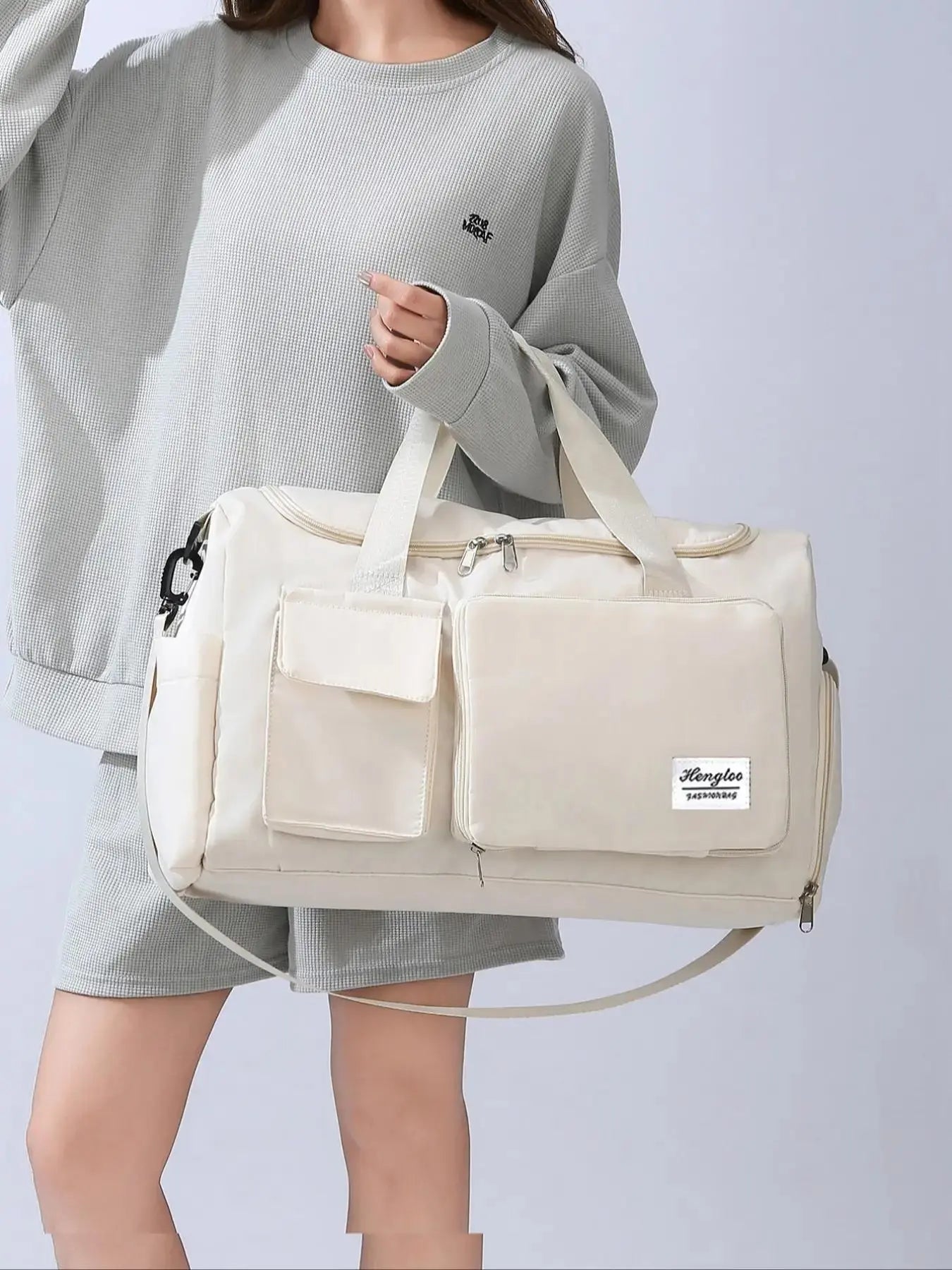 Women'S Fashion Large Capacity Travel Bag, Solid Color Letter Patch Zipper Pocket Travel Bag, Casual Lightweight Travel Bag for Gym & Short Business Trips, Durable Travel Bag