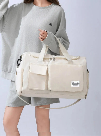 Women'S Fashion Large Capacity Travel Bag, Solid Color Letter Patch Zipper Pocket Travel Bag, Casual Lightweight Travel Bag for Gym & Short Business Trips, Durable Travel Bag