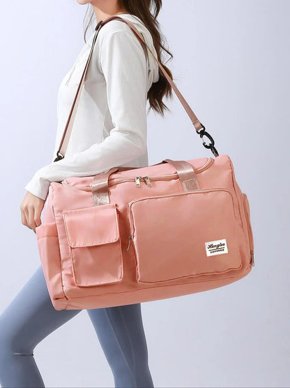 Women'S Fashion Large Capacity Travel Bag, Solid Color Letter Patch Zipper Pocket Travel Bag, Casual Lightweight Travel Bag for Gym & Short Business Trips, Durable Travel Bag