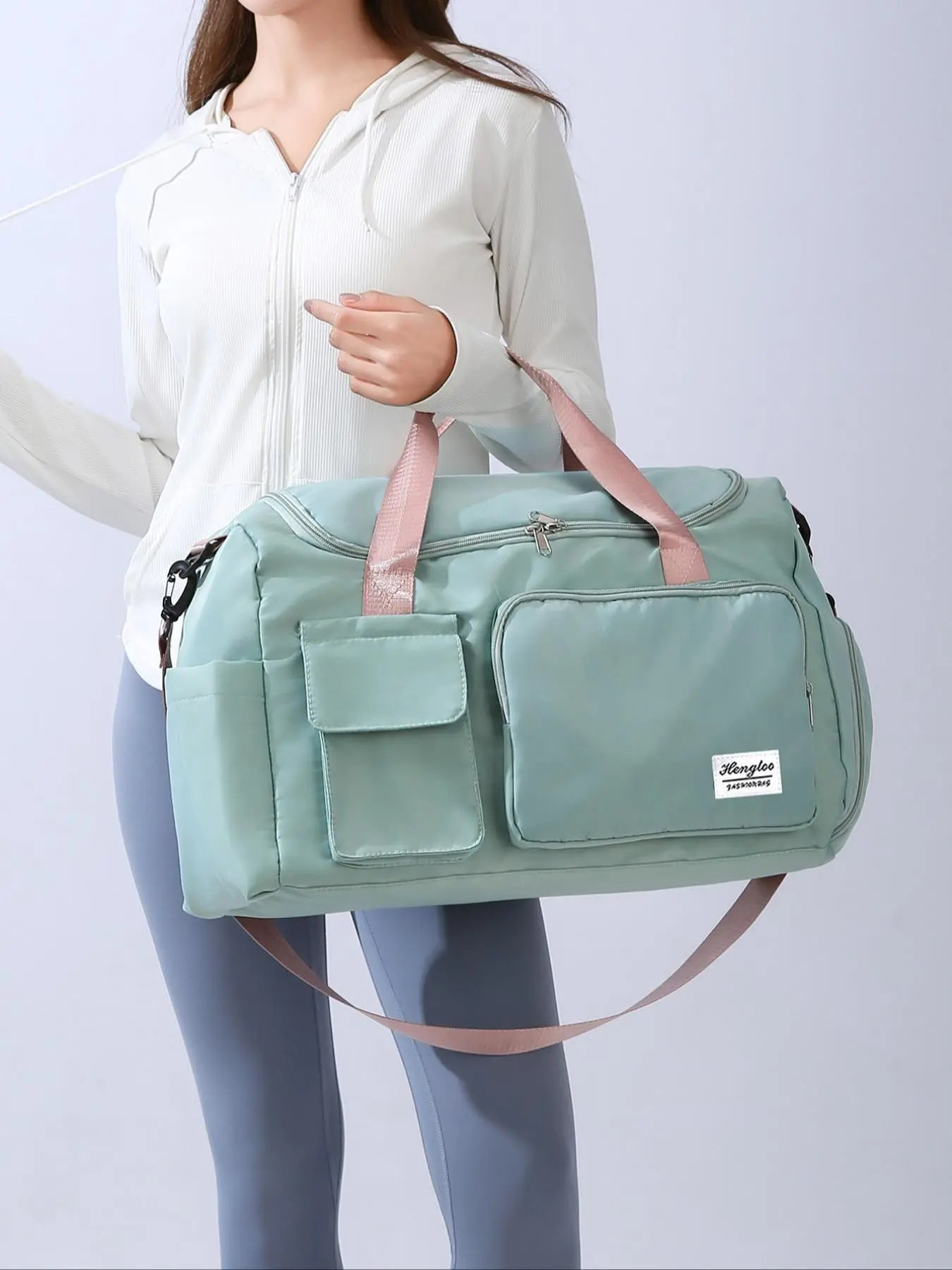 Women'S Fashion Large Capacity Travel Bag, Solid Color Letter Patch Zipper Pocket Travel Bag, Casual Lightweight Travel Bag for Gym & Short Business Trips, Durable Travel Bag