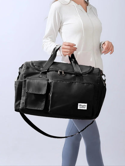 Women'S Fashion Large Capacity Travel Bag, Solid Color Letter Patch Zipper Pocket Travel Bag, Casual Lightweight Travel Bag for Gym & Short Business Trips, Durable Travel Bag