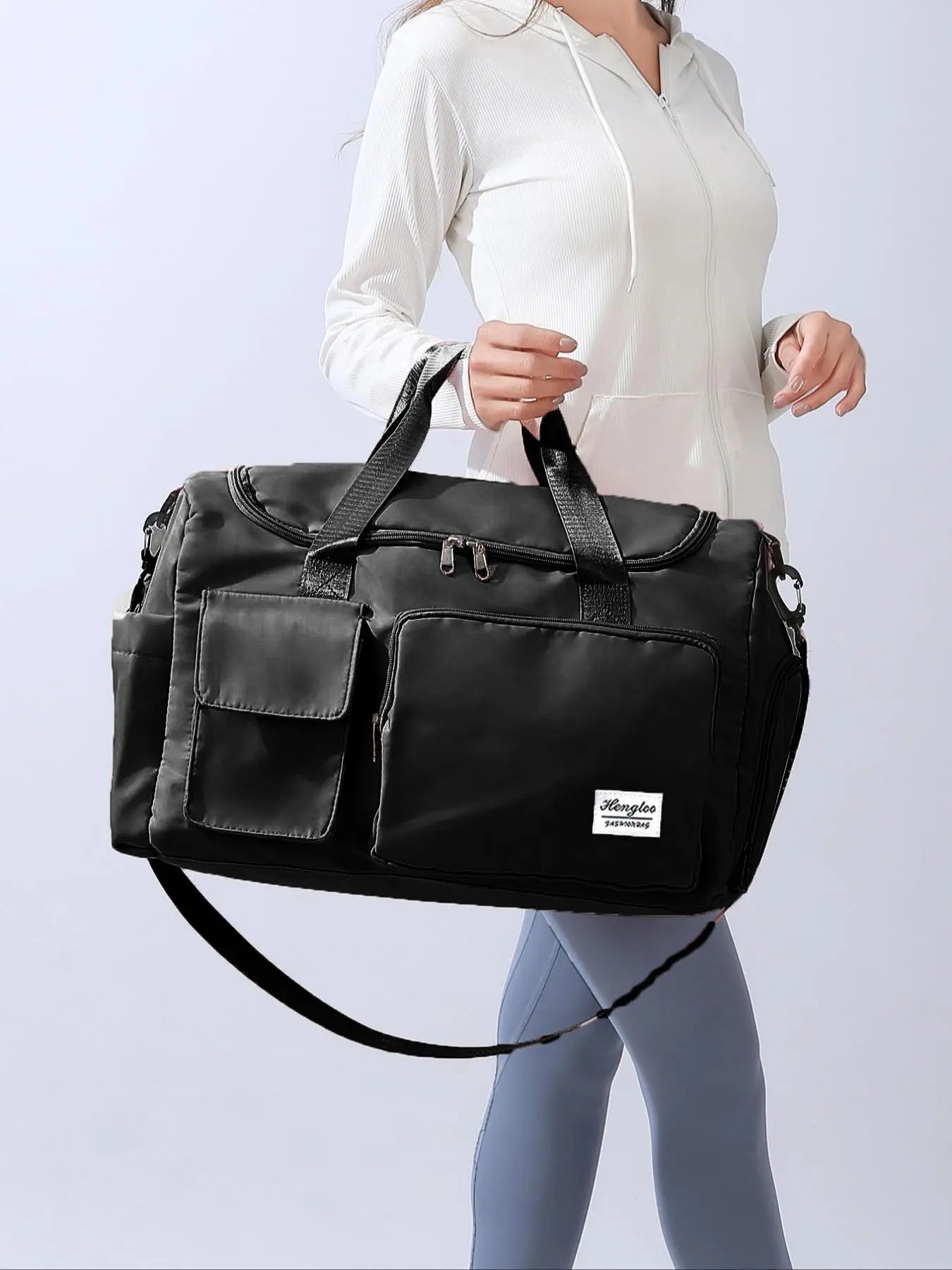 Women'S Fashion Large Capacity Travel Bag, Solid Color Letter Patch Zipper Pocket Travel Bag, Casual Lightweight Travel Bag for Gym & Short Business Trips, Durable Travel Bag